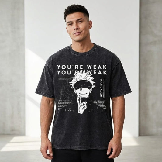 Gojo Satoru "You're Weak" Anime Oversized T-Shirt - Vintage Acid Wash Charcoal Streetwear Tee