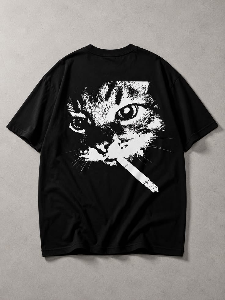 "Bad Cat" Smoking Graphic Oversized T-Shirt - Black Streetwear Drop Shoulder Tee