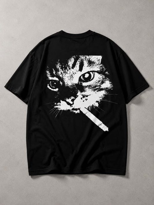 "Bad Cat" Smoking Graphic Oversized T-Shirt - Black Streetwear Drop Shoulder Tee