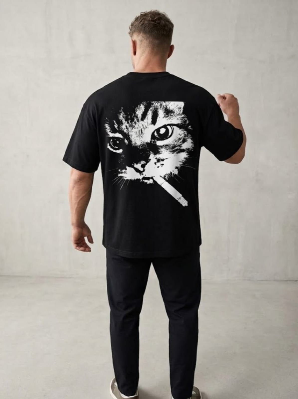 "Bad Cat" Smoking Graphic Oversized T-Shirt - Black Streetwear Drop Shoulder Tee