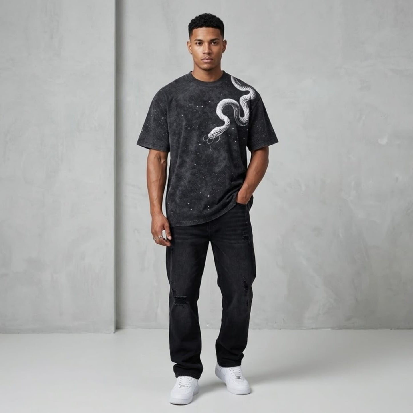 "Celestial Serpent" Cosmic Galaxy Oversized T-Shirt - Vintage Snake Graphic Streetwear Tee