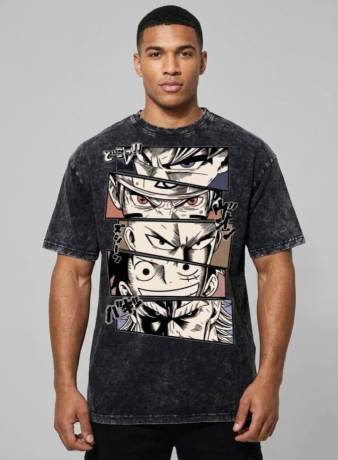 "Anime Legends" Eye Panel Oversized T-Shirt - Vintage Acid Wash Charcoal Back Print Tee