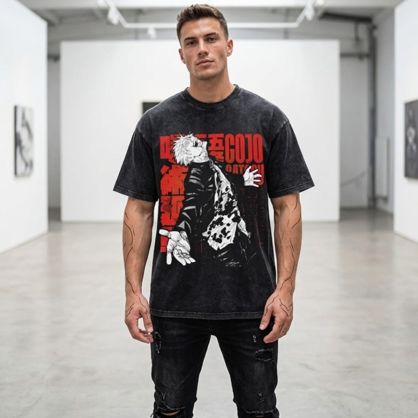 Gojo Satoru "Awakened" Anime Oversized T-Shirt - Vintage Acid Wash Charcoal Red Graphic Tee