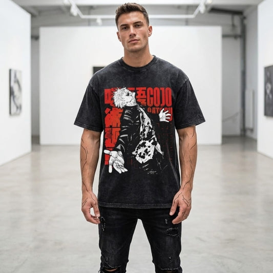 Gojo Satoru "Awakened" Anime Oversized T-Shirt - Vintage Acid Wash Charcoal Red Graphic Tee