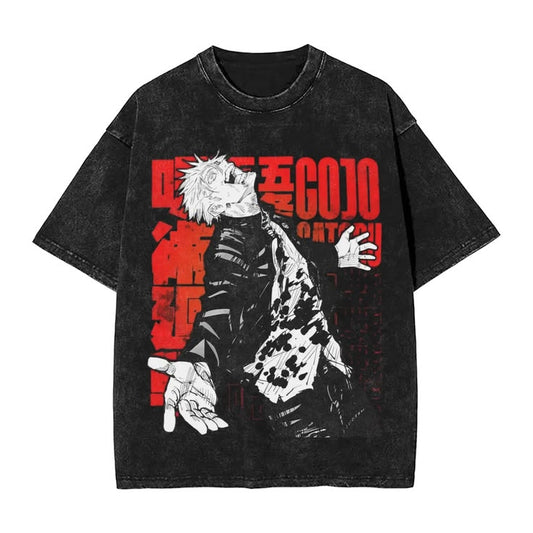 Gojo Satoru "Awakened" Anime Oversized T-Shirt - Vintage Acid Wash Charcoal Red Graphic Tee