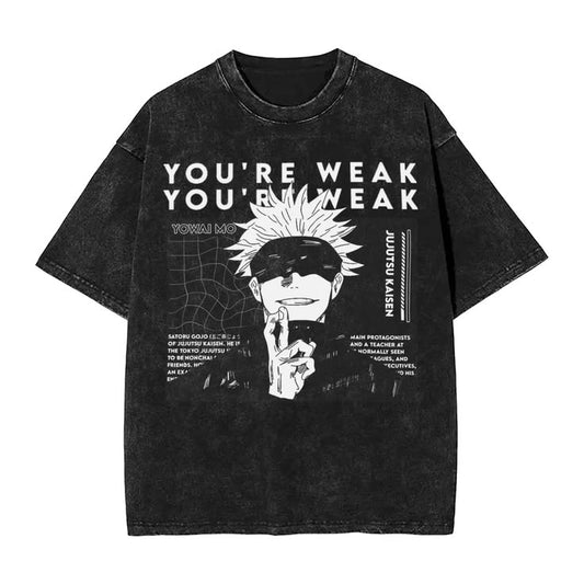 Gojo Satoru "You're Weak" Anime Oversized T-Shirt - Vintage Acid Wash Charcoal Streetwear Tee