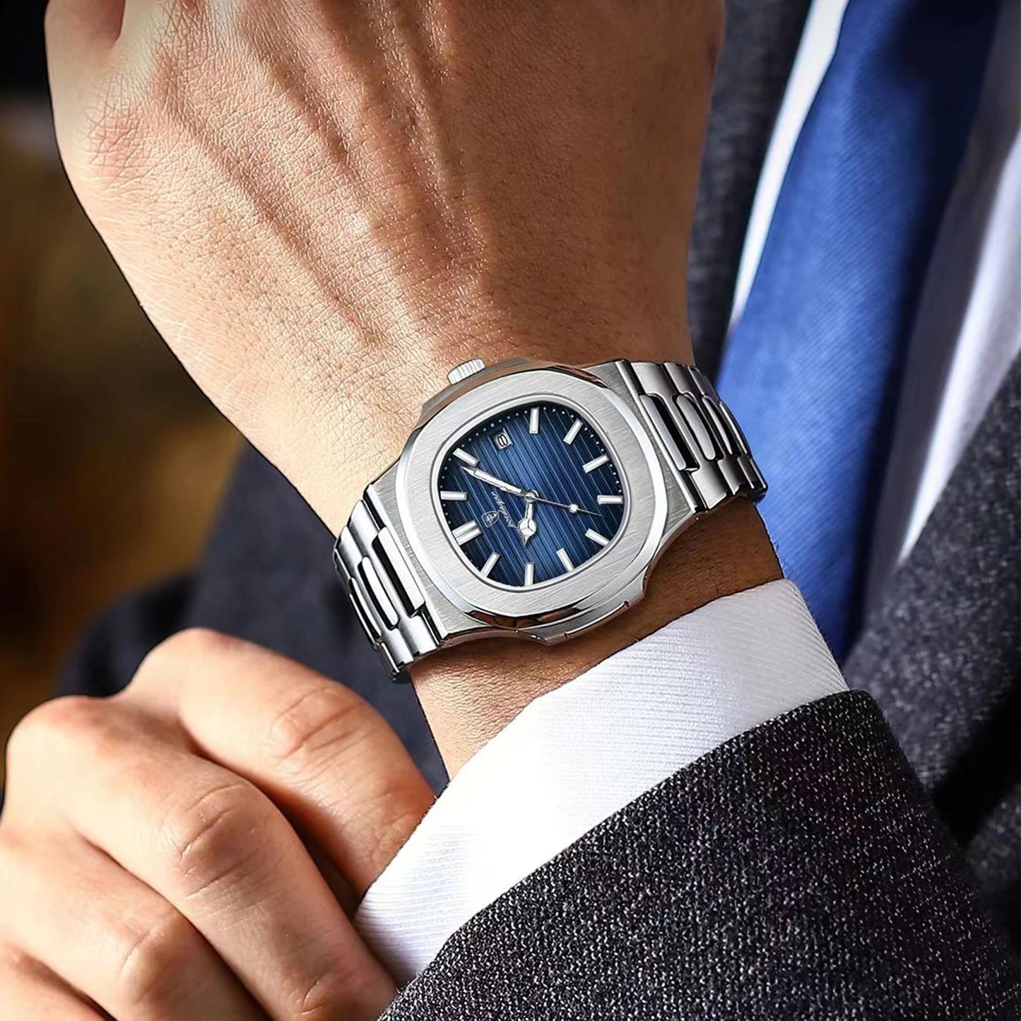 POEDAGAR Luxury Brand Men's Quartz Wristwatch Stainless Steel Waterproof Luminous Date Man Clock Square Business Watches For Men