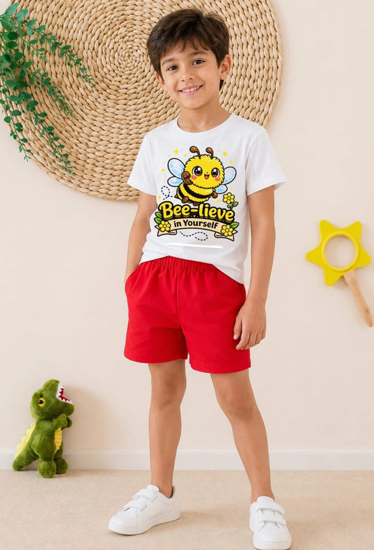 Kids "Bee-lieve In Yourself" Cartoon T-Shirt & Shorts Set - Cute 2-Piece Summer Outfit