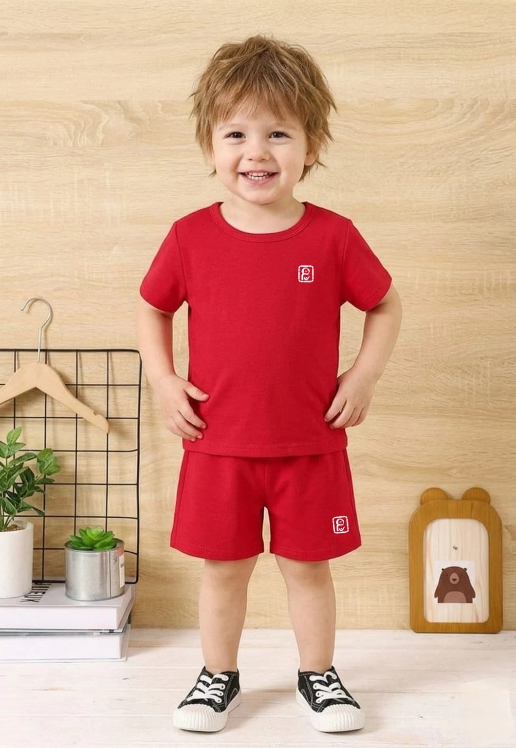 Kids Minimalist Solid Co-ord Set - Red Short Sleeve T-Shirt & Shorts 2-Piece Summer Outfit