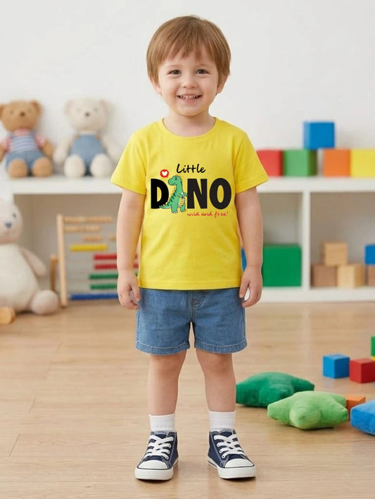 "Little Dino" Cartoon Yellow T-Shirt & Denim Shorts Set - Cute Kids 2-Piece Summer Outfit