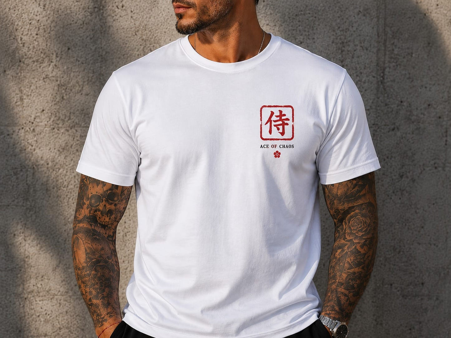 "Ace of Chaos" Japanese Kanji Stamp Minimalist White T-Shirt