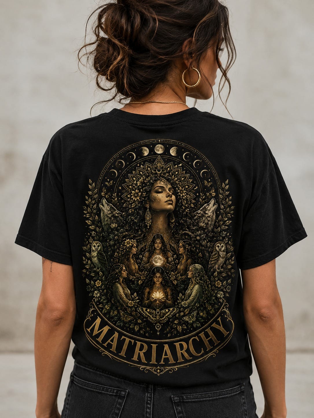 Golden Triple Moon "Matriarchy" Goddess Graphic Black T-Shirt
