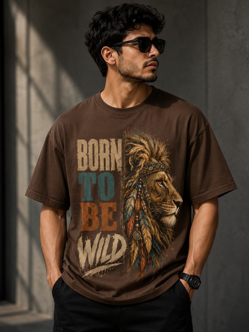 Tribal Lion "Born To Be Wild" Graphic Brown Oversized T-Shirt