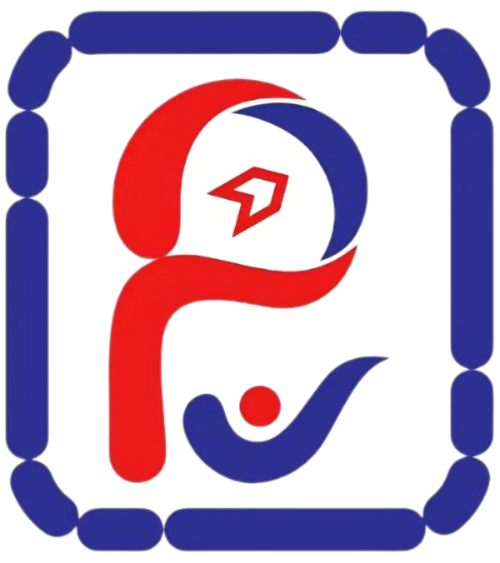 Logo with a red and blue design on a white background