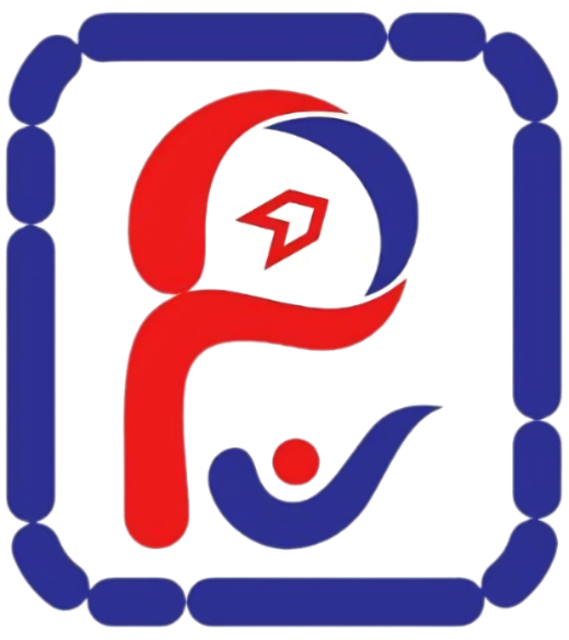 Logo with a red and blue design on a white background